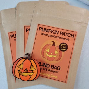 May include: A wooden pumpkin magnet with an orange and black design, next to three brown paper bags. The magnet is hand-painted and glows in the dark. The bags have orange labels that read "Pumpkin Patch" and "Blind Bag".