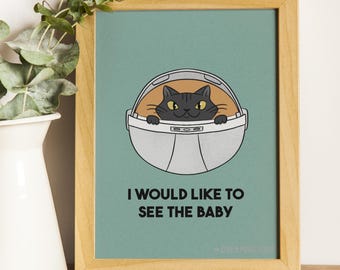 Silly Space Cat Art Print Black Orange White Kitty Baby Meme Wall Decor