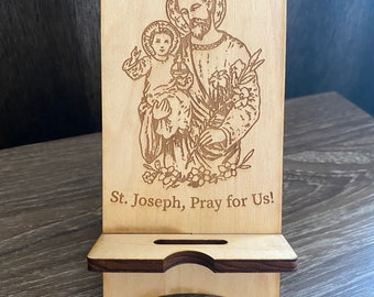 St. Joseph phone stand, Saint Joseph and child Jesus phone stand, St. Jospeh pray for us phone stand, Catholic phone stand for men