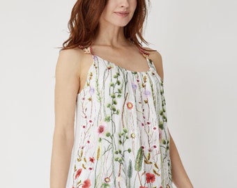 Italian Silk Blend Embroidered Floral Tank – Washable Silk Viscose Sleeveless Top, One Size Flowy Blouse, Made in Italy (2 Colors)