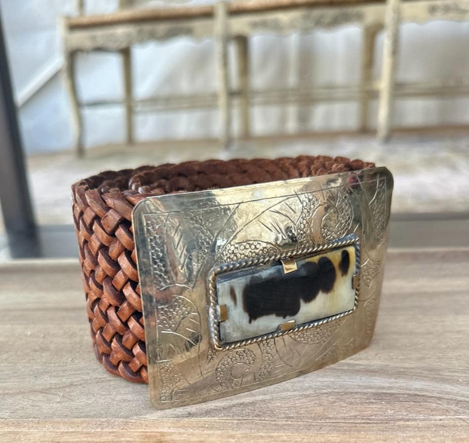 Moroccan Leather Wide Woven Belt Hand Tooled Brass Buckle Large Boho Festival il_1080xN.7116029286_k086.jpg main image 3