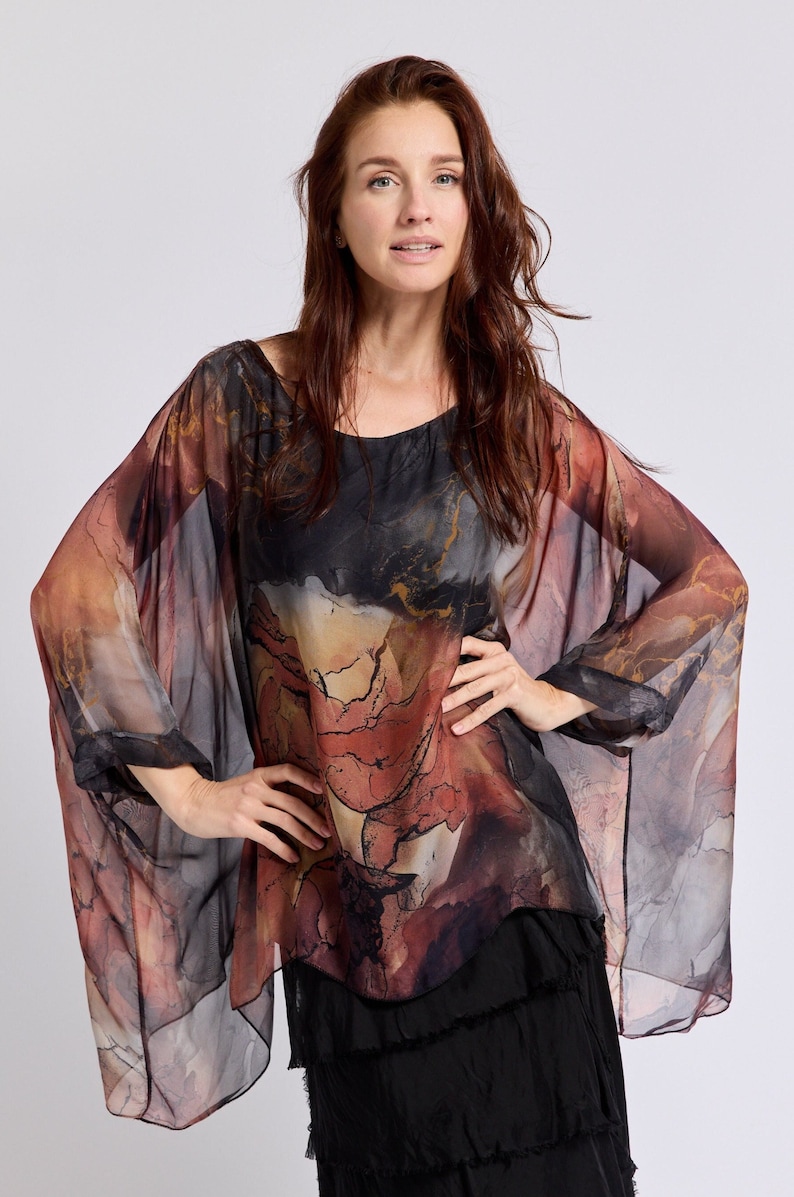 Italian Silk Hand Painted Flowy Top – One Size Washable Silk Blouse, Artistic Loose Fit Shirt, Made in Italy Resort Wear image 1