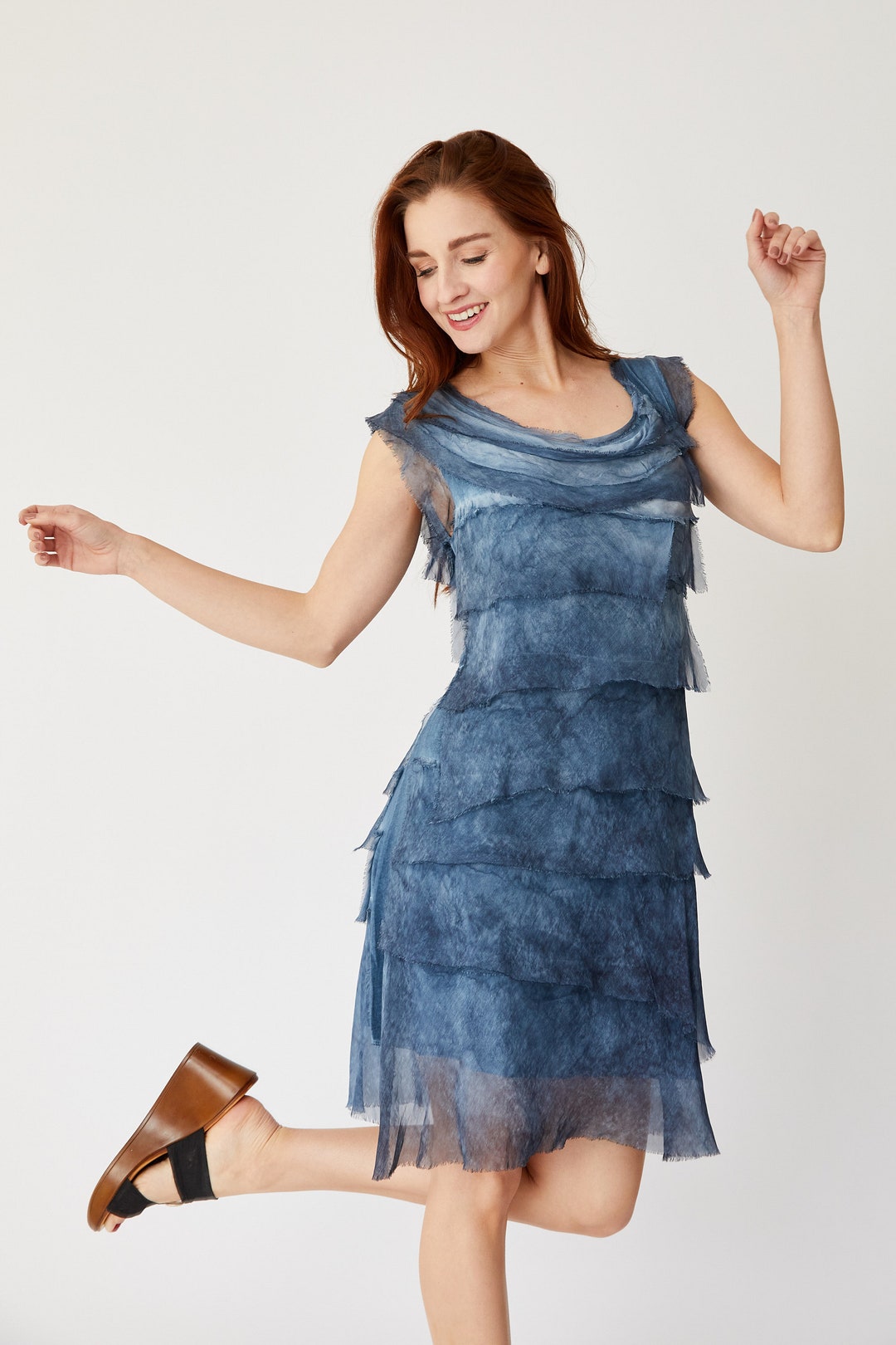 chinese dress ladies Washable Silk Sleeveless Ankle Length Ruffle Dress Teal main image 0