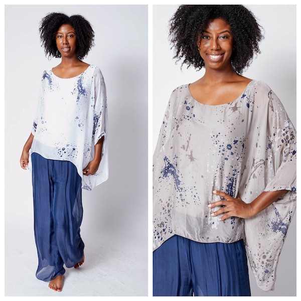 Italian Silk Blend Drip Print Top – Washable Silk Viscose Blouse, One Size Artistic Flowy Shirt, Made in Italy Boho Chic Clothing