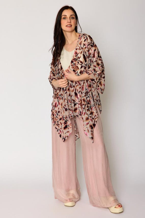Floral Samt Ausbrenner Kimono Sheer Boho Duster, lange Fransen