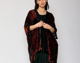 Burnout Orange and Black Fringe Kimono – Boho Sheer Duster, Festival Layering Kimono, Lightweight Statement Wrap