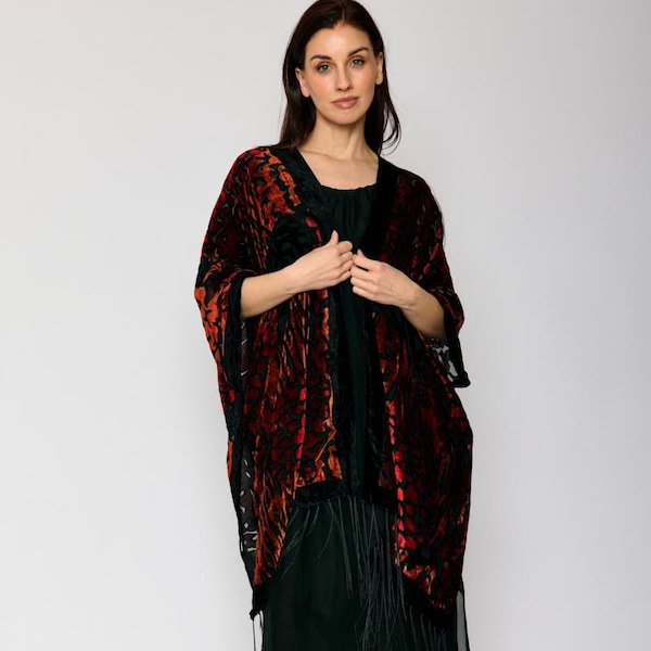 Burnout Orange and Black Fringe Kimono – Boho Sheer Duster, Festival Layering Kimono, Lightweight Statement Wrap