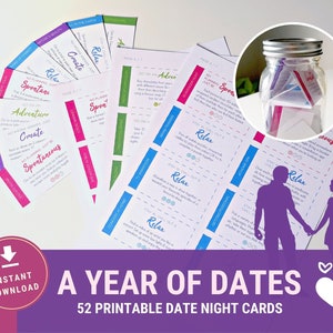 Date Night Idea Cards - 52 Printable cards | A Year Of Dates | Date Night Jar Couples Gift | Valentines Gift