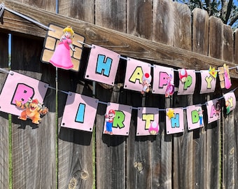 Princess Peach Birthday Banner | Mario Birthday Party Banner | Princess Peach Birthday Decorations | Custom Happy Birthday Banner