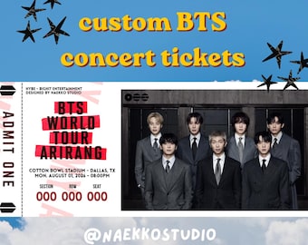 May include: A custom BTS concert ticket featuring a photograph of seven individuals in grey suits. The ticket includes text reading BTS WORLD TOUR ARIRANG, ADMIT ONE, and Cotton Bowl Stadium, Dallas, TX, Monday, August 01, 2026, 08:00 PM.
