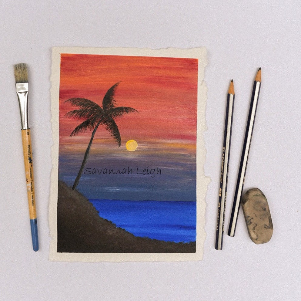 Original Sunset Painting Minimalist Boho Decor Beach Decor Red | Etsy