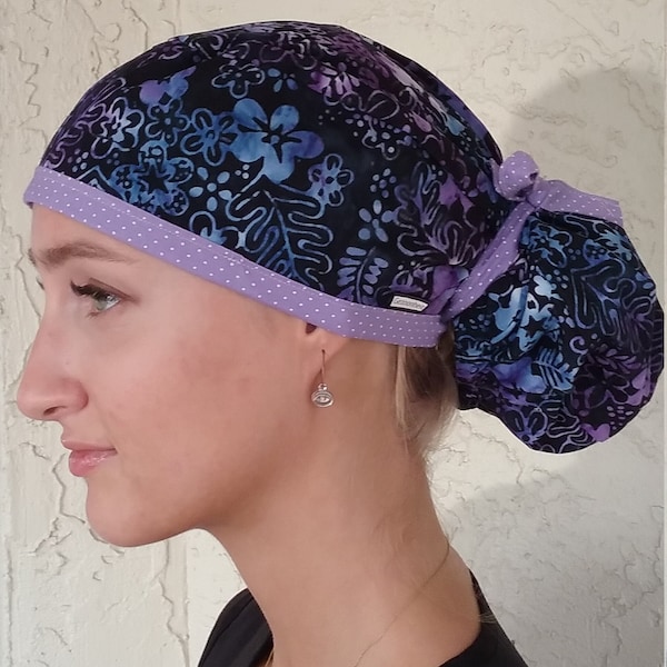 Ready to ship Scrub Cap for ponytails Floral Purple Black Batik