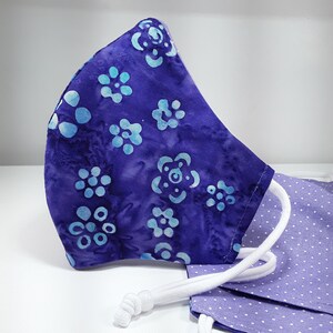 Cloth Face Mask | Filter Pocket | Nose wire | Adult Purple Batik Purple w blue flower