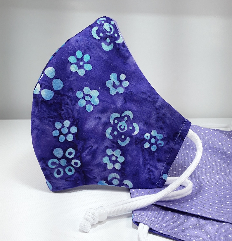 Cloth Face Mask | Filter Pocket | Nose wire | Adult Purple Batik Purple w blue flower