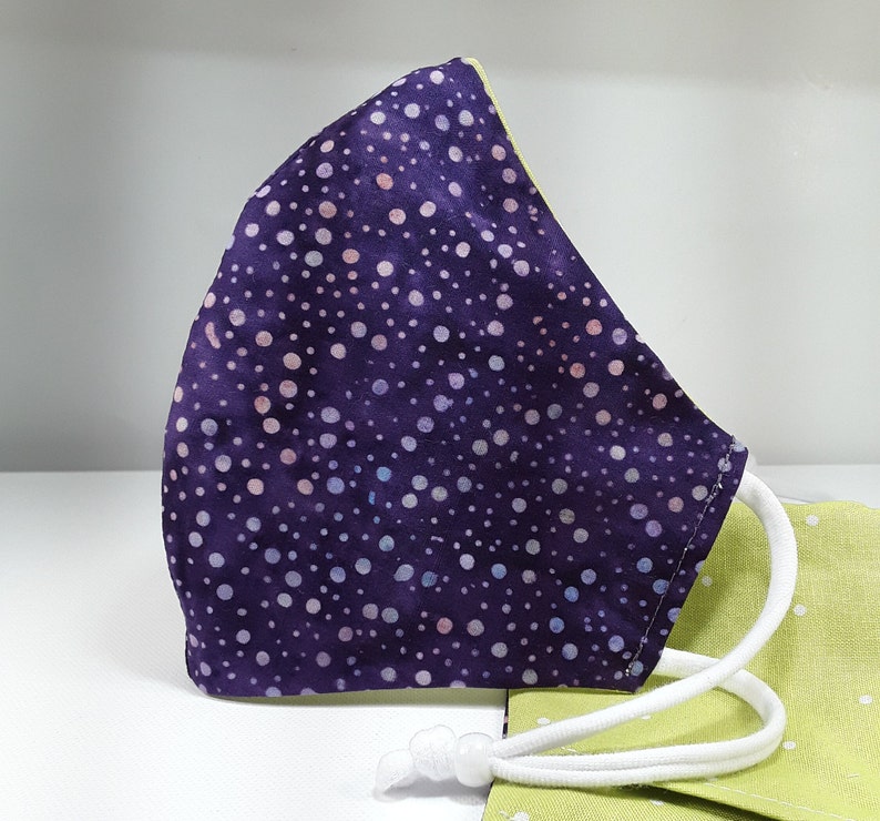 Cloth Face Mask | Filter Pocket | Nose wire | Adult Purple Batik PurpleDot wgreen dot