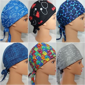 May include: Six different patterned surgical caps with ties. The patterns include science formulas, hearts, a stethoscope, cats, molecules, and a horseshoe magnet.