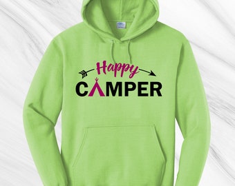 Happy Camper Hooded sweatshirt. Summer Getaway, Unisex Hooded Sweatshirt, comfy sweats, Campfire and Sunshine