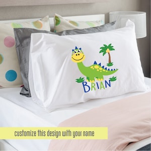 Happy Dino Personalized Pillow Case, Custom Pillowcase, Kids Pillowcase, Gift Pillow Cases, Custom Bedding for Kids
