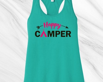 Happy Camper Ladies Racerback Tank,  Ladies Tank, Summer Apparel with Style. Ladies Ring Spun Tank Top