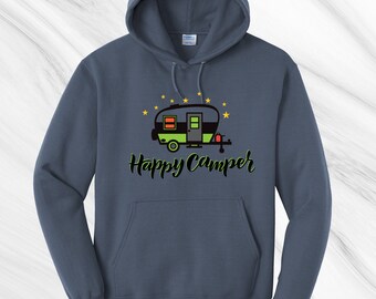 Happy Camper Trailer Hooded sweatshirt. Summer Getaway, Unisex Hoodie, comfy sweats, Campfire and Sunshine, Classic Travel Trailer