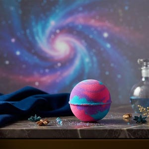 Könnte beinhalten: Eine farbenfrohe Badebombe in Rosa, Blau und Lila liegt auf einer Marmoroberfläche. Die kugelförmige Badebombe ist der Mittelpunkt, mit einem Hintergrund im Galaxien-Stil aus wirbelnden Blau-, Lila- und Rosatönen. Links ist ein dunkelblauer Stoff drapiert.
