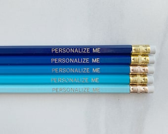 Personalized Pencils Gold Foil BLUE OMBRE Engraved Custom For Kids, Teacher, Classroom