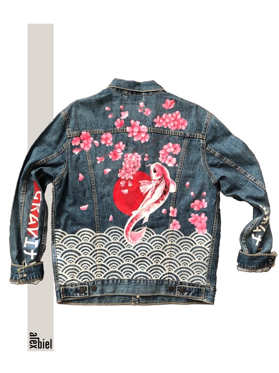 Hand Painted Levis Denim Jacket Japan Theme Sakura Tree Etsy