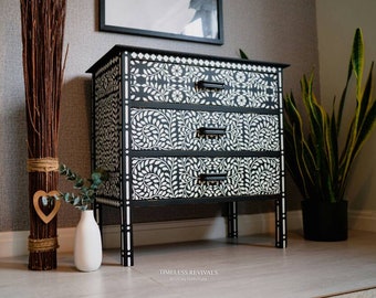 Refurbished Black and White Bathroom Vanity Drawers: Bone Inlay Style