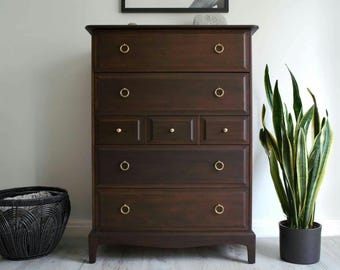 Refurbished Solid Wood Tallboy Dresser: Vintage Mahogany Chest of Drawers