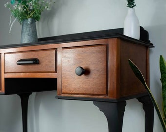 Antique Mahogany Queen Anne Writing Desk: Black Accents