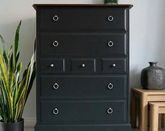 Vintage Stag Tallboy Chest of Drawers: Dark Grey Painted Wood