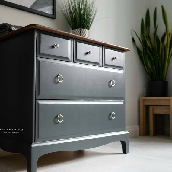 grey dresser with wood top Dark Grey Upcycled Chest of Drawers: Vintage Solid Wood Sideboard