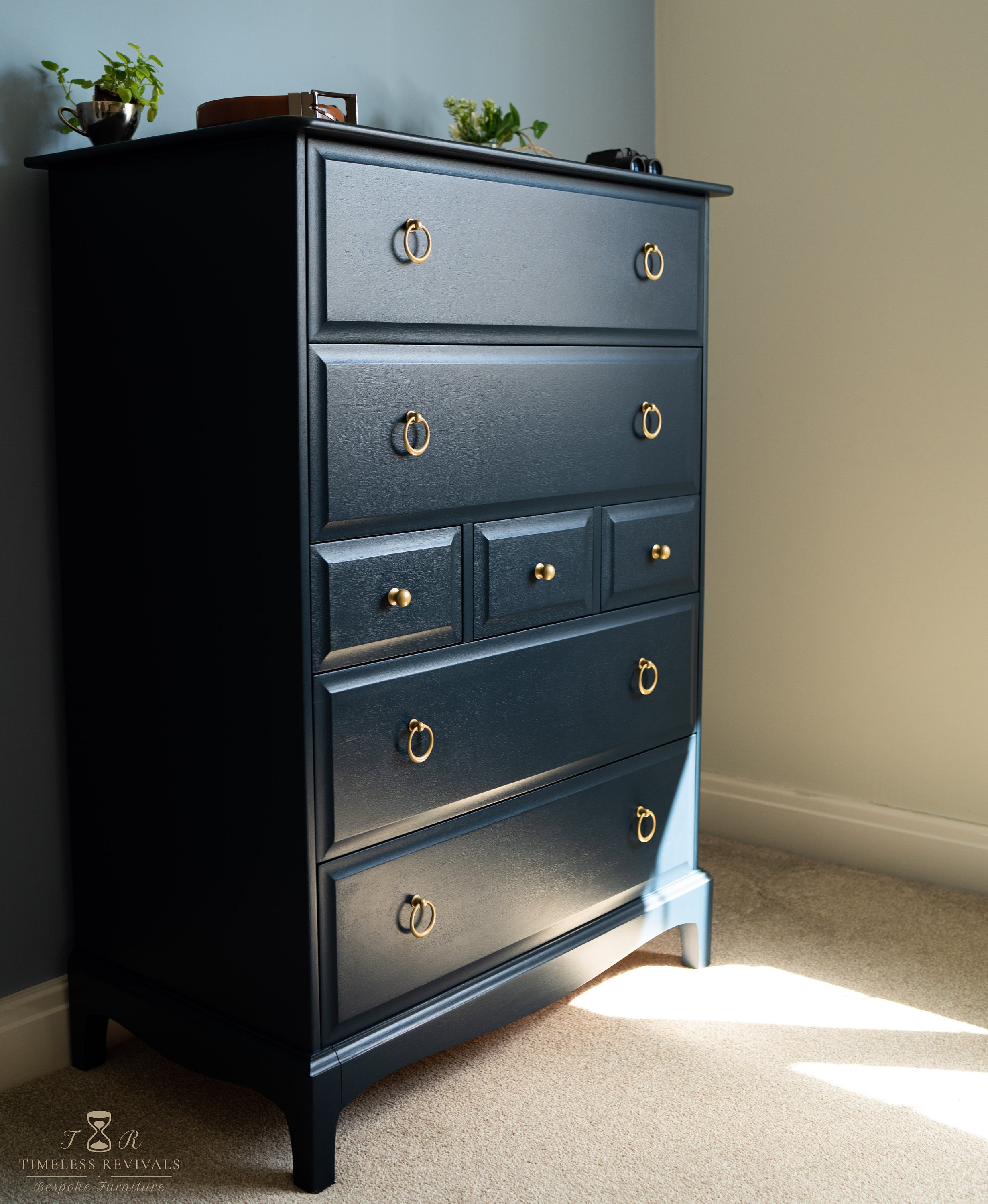 Refurbished Navy Blue Tallboy Dresser: Vintage Stag Minstrel Chest