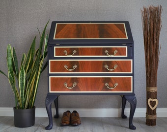 Refurbished Antique Bureau: Navy Blue Writing Desk with Queen Anne Legs