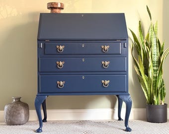 Upcycled Navy Blue Queen Anne Bureau: Vintage Writing Desk