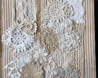 Vintage lace bundle for junk journals, slow stitch, fiber art and crafts: 25 pieces