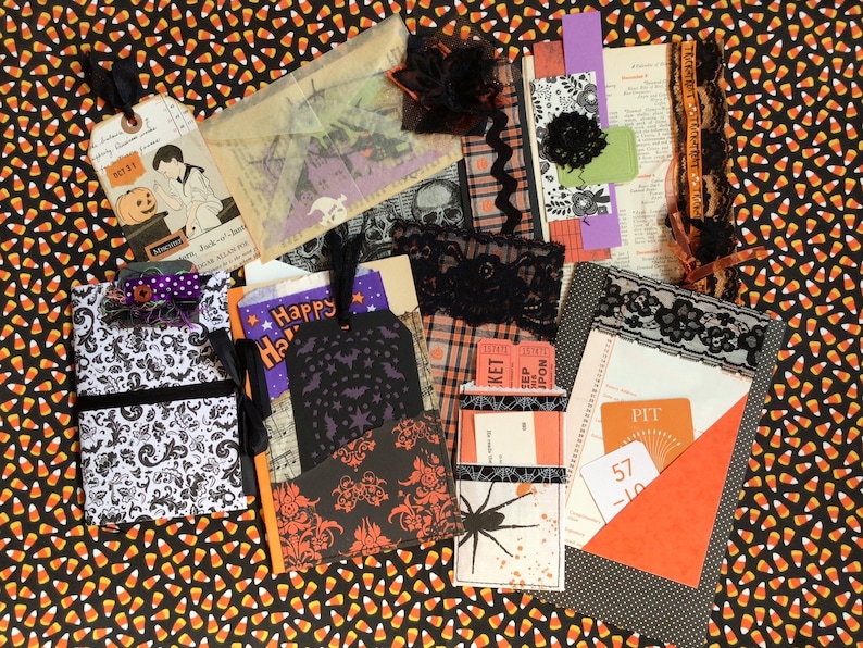 A collection of Halloween-themed paper crafts and ephemera