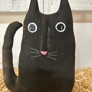 Primitive Halloween Black Cat Art Doll – Hand-Painted Muslin Folk Art – 7.5” Tall