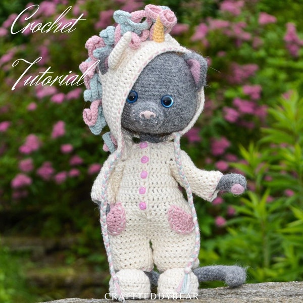 Crochet pattern: Doll Clothes set PDF Outfit Little Unicorn for Little Animal, Language -  English, Deutsch, Français, Nederlands, Español