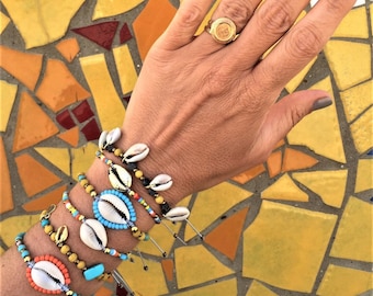 Sea Shell Bracelets: Natural Greek Island Cowrie shells, Bohemian Beach Summer Jewelry, Adjustable fit