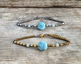 Larimar Stone Bracelet: Sky blue Dominican Larimar Jewellery, Gold or Silver, Stainless Steel Clasp