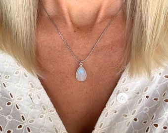 Blue Flash Moonstone Necklace: Natural teardrop Crystal, Sterling Silver, Adjustable