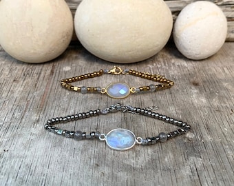 Blue Flash Moonstone Bracelet: Sterling Silver Bezel, Hematite Beads