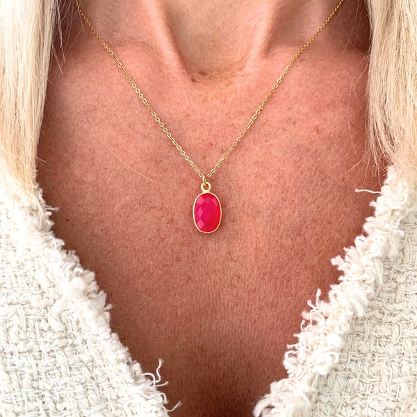 Fuchsia Chalcedony necklace, sparkling hot Pink Chalcedony gemstone, gold bezel, stainless steel chain, Gift for daughter, Adjustable length