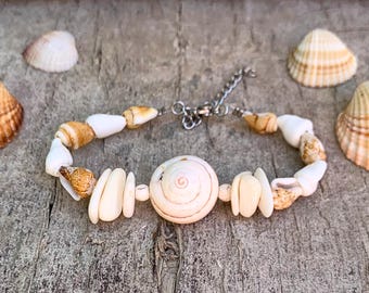 Handmade Sea Shell Bracelet: Natural Greek Island Beach shell, Stainless Steel clasp, Adjustable