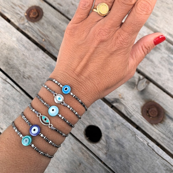 Evil eye bracelets, Protection charms, silver beaded, Mati Jewelry, Greek handmade jewelry, Adjustable length