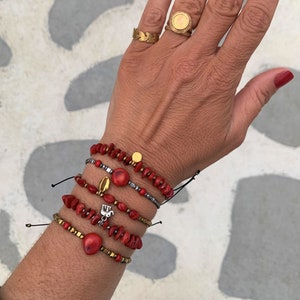 Pulseras de coral natural, Joyas de coral, Corales del mar Egeo, Pulseras boho, Corales rojos auténticos, Oro o plata, Largo ajustable