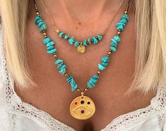 Turquoise Necklace Set: Natural Turquoise chips, Greek Evil Eye Pendant, Bohemian Jewellery, Adjustable Length