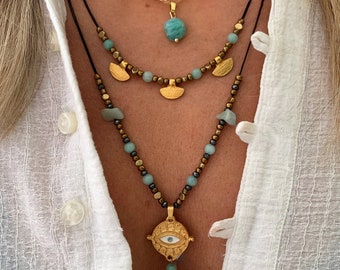 Amazonite Necklace Set: Bohemian Evil Eye Pendant, Handmade Double Layered Gemstone Necklace, Adjustable
