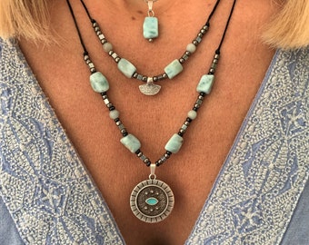 Larimar Nuggets Necklace, Evil Eye Pendant, Sky Blue Dominican Larimar, Bohemian Layering, Adjustable